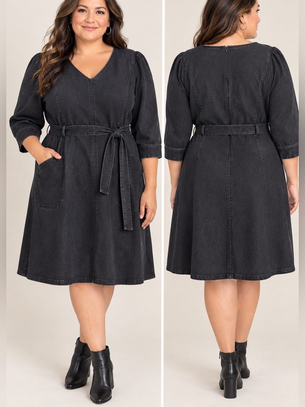 Liz Claiborne Plus Size 22W V-neck mineral-wash black denim dress BELTED